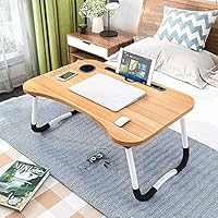 SATION Smart Multipurpose Foldable Laptop Table with Cup Holder, Study Table, Bed Table, Breakfast Table, Foldable and Portable/Ergonomic & Rounded Edges/Non-Slip-> (Wood)