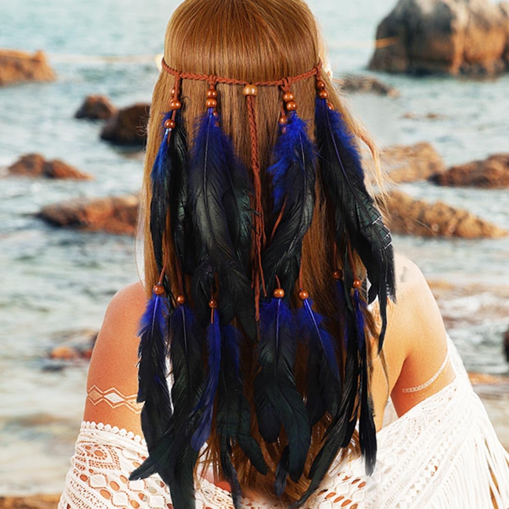 GORTIN Boho Feather Headband Indian Hippie Headpiece Festival Feather Hair Accessories for Women (Blue, Free size) image 5