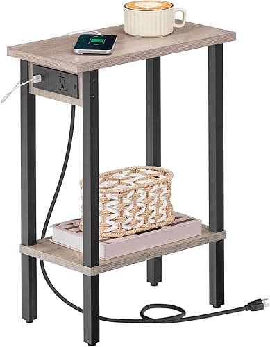 HOOBRO Mesa auxiliar estrecha, mesa auxiliar delgada de 2 niveles con estación de carga, mesita de noche delgada con almacenamiento abierto, para