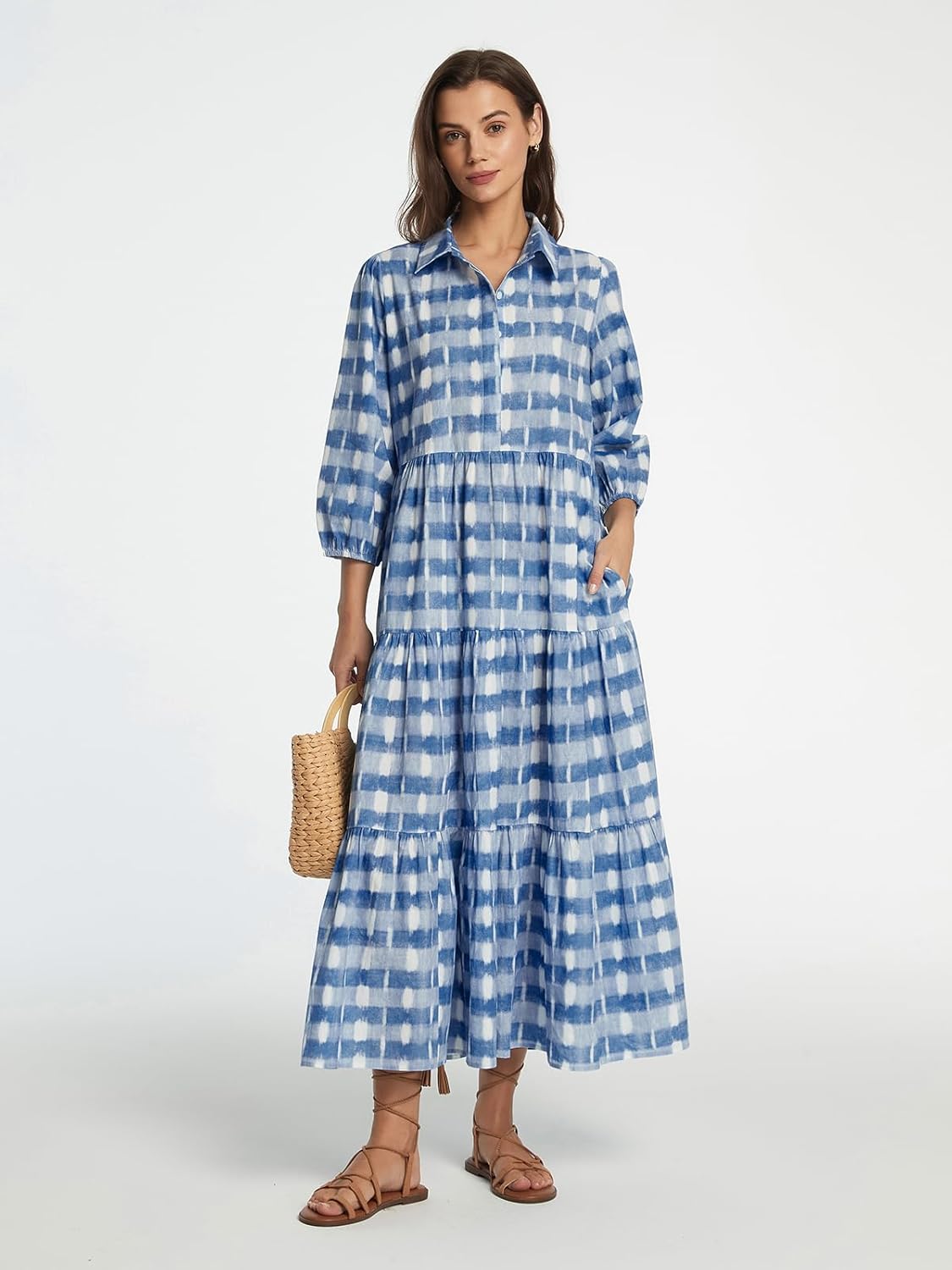 D-Sun Women Long Sleeve Maxi Dress V Neck Button Down Flowy Tiered Ruffle Shirt Dress Casual Fall Long Dresses - Image 3