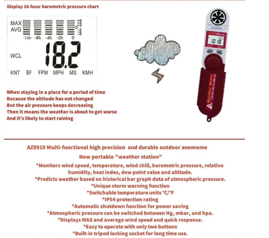 AZ8910 - Anemómetro multifunción de velocidad del viento/temperatura/humedad/presión de aire/altitud