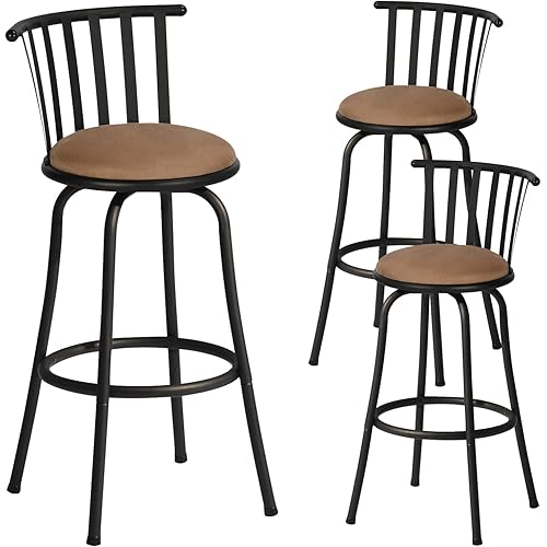 FurnitureR Classic Barstools Set of 3, Country Style Bar Chairs with Back and Footrest Swivel Counter Height Bar Stools for Kitchen Island Pub, Bistro, Restaurant, Rustic Brown and Black