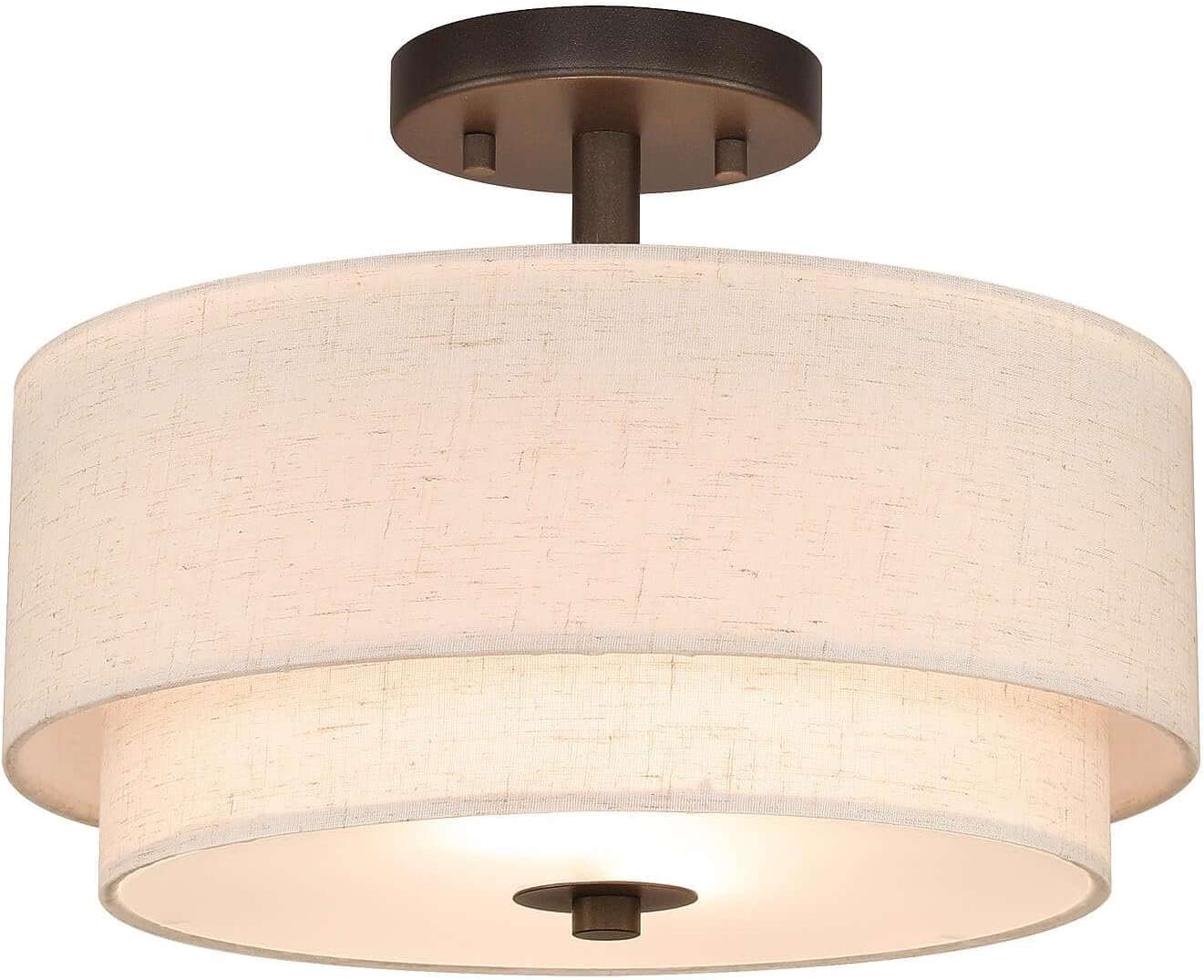 XiNBEi Lighting 13" Semi Flush Mount Ceiling Light Farmhouse 2 Light Close to Ceiling Light Fixture with Linen Fabric Shade Bronze Drum Ceiling Light for Bedroom Hallway Living Room XB-SF1289-13DB