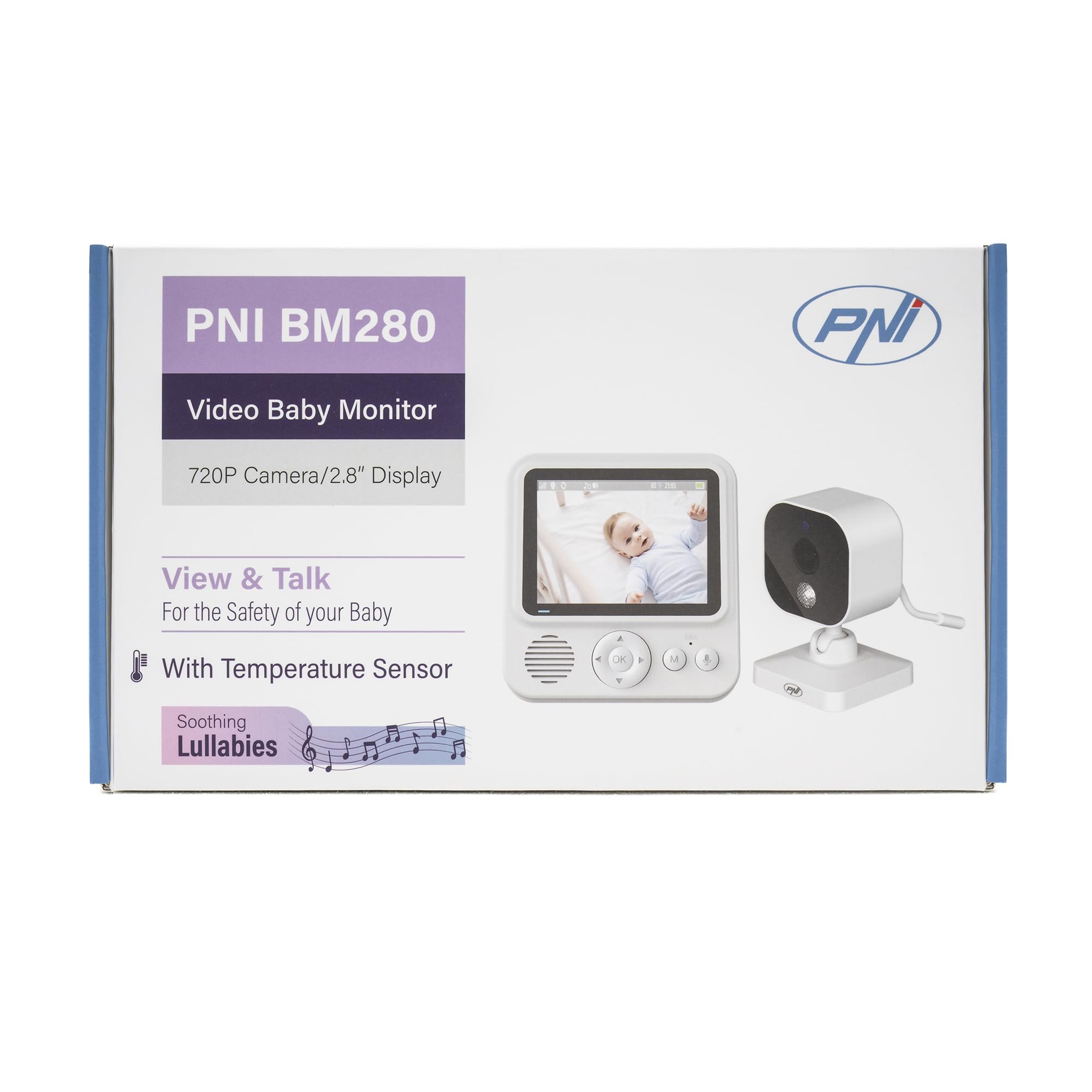 PNI Monitor de Video para bebé BM280 Pantalla de 2.8 Pulgadas inalámbrico 2.4 GHz, Sensor de Temperatura, VOX, visión Nocturna, función de Zoom, Canciones de Cuna