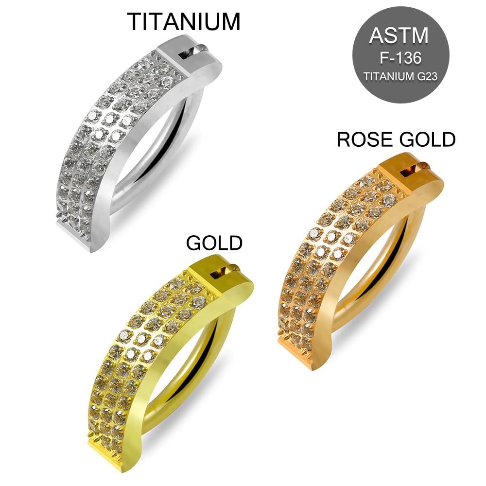 Bauchnabelpiercing aus Titan mit dreireihigem Zirkonia, umgekehrt, gebogen, 14 Gauge, Bauchnabelschmuck, Titan-Bauchnabelringe
