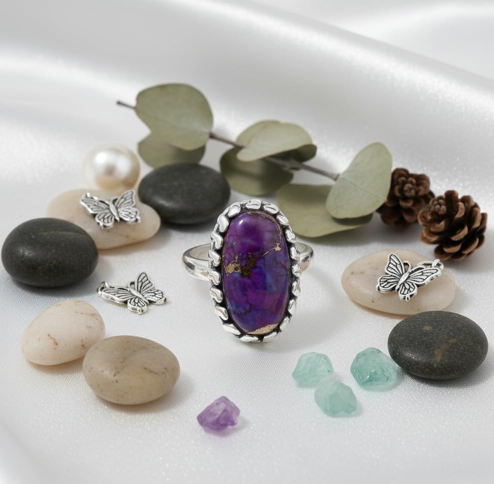 925 Sterling Silver Purple Turquoise Ring with Gold Inlay Oval Design Handmade Jewelry for Women