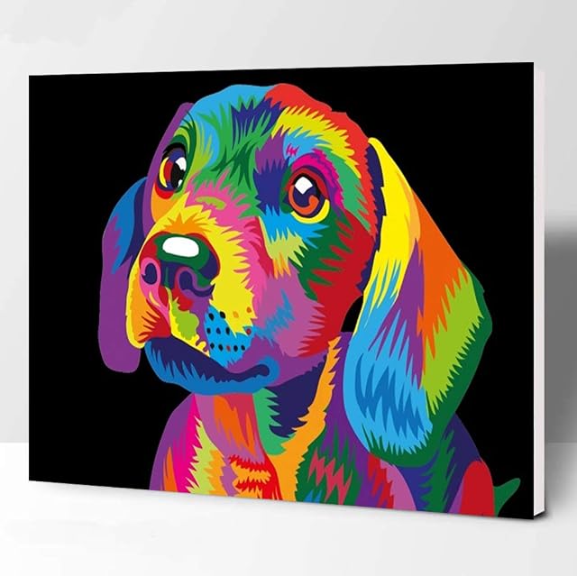 Elftoyer Paint by Numbers for Kids & Adults & Beginner , DIY Canvas Painting Gift Kits for Home Decoration - Colorful dog 12 x 16 inch (Wooden Frame)