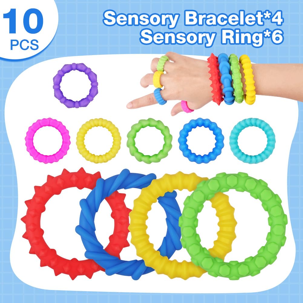 Aolso Sensory Toys for Autism,6 Pcs Fidget Rings 4 Pcs Fidget Bracelet,Textured Soft Silicone Sensory Acupressure Rings for Anxiety Relief,Fidget Toys for Anxiety ADHD - Image 3