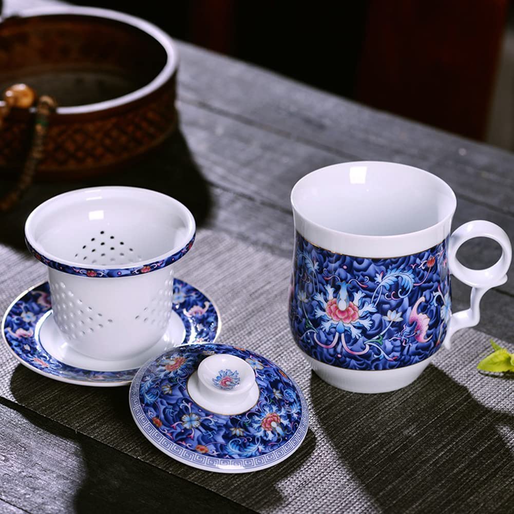 yesTGE Tazza da tè Tazza con Filtro in Ceramica con Coperchio, Tazza da tè Regalo in Quattro Pezzi Jingdezhen, Servizio da tè in Porcellana Blu e Bianca, Fiore di Loto