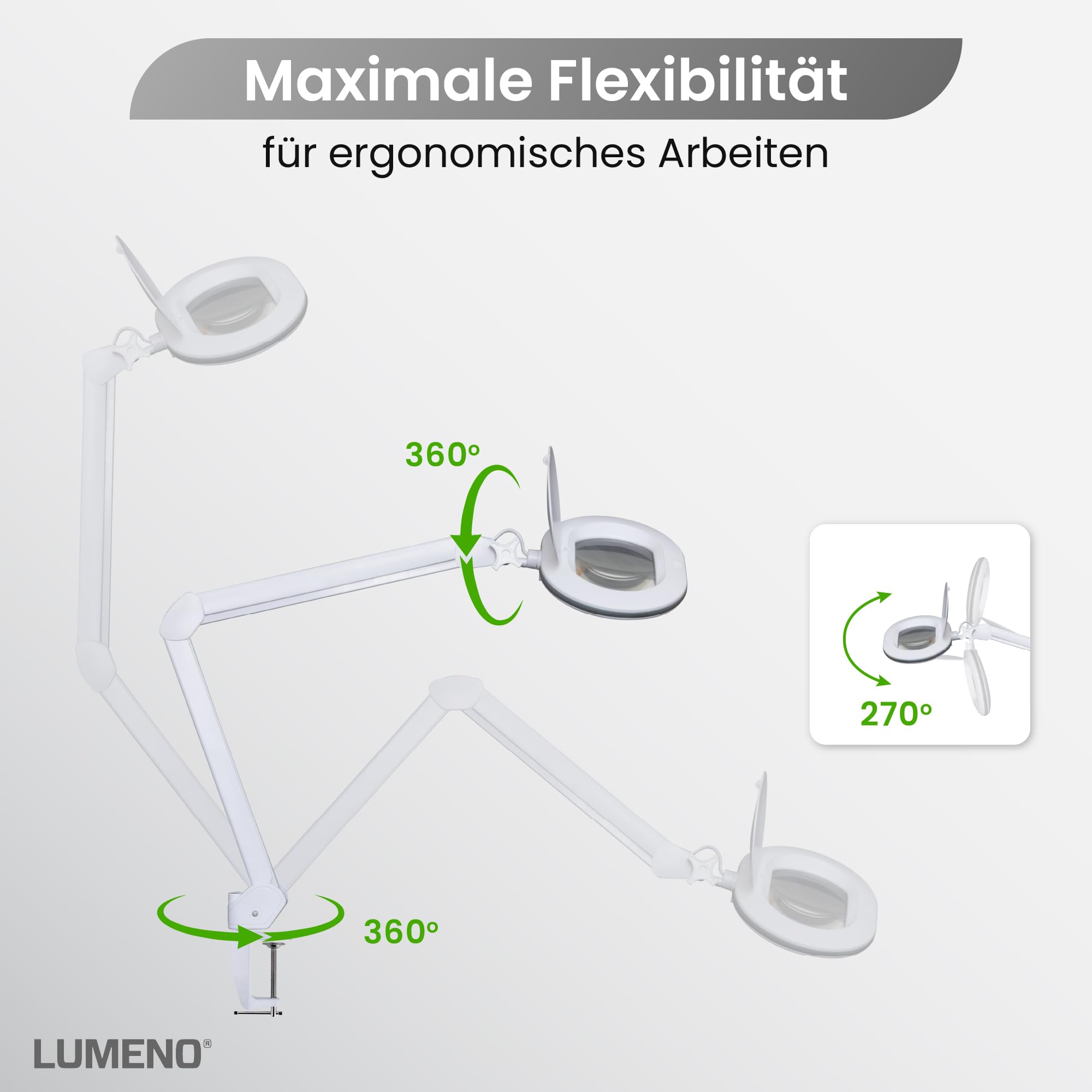 Lumeno 8615GR Lupenleuchte Arbeitsplatzlampe mit großer ovalen Linse 110x150 mm, 60 LEDs in 2 Stufen dimmbar, perfekt als Lesehilfe, für die Kosmetik oder zum Löten, 5 Dioptrien grau