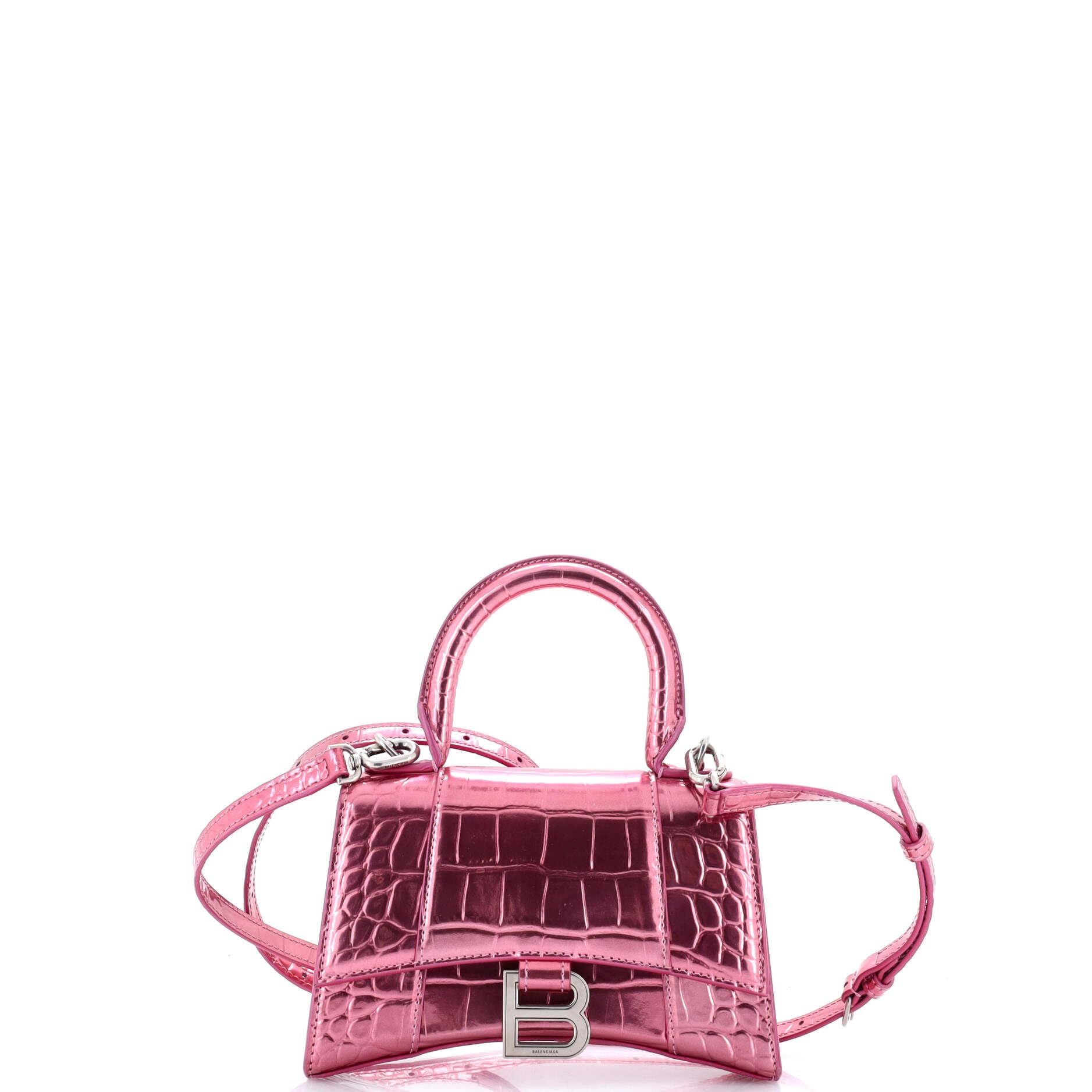 Pre-Loved Hourglass Top Handle Bag Crocodile Embossed Leather XS, Metallic