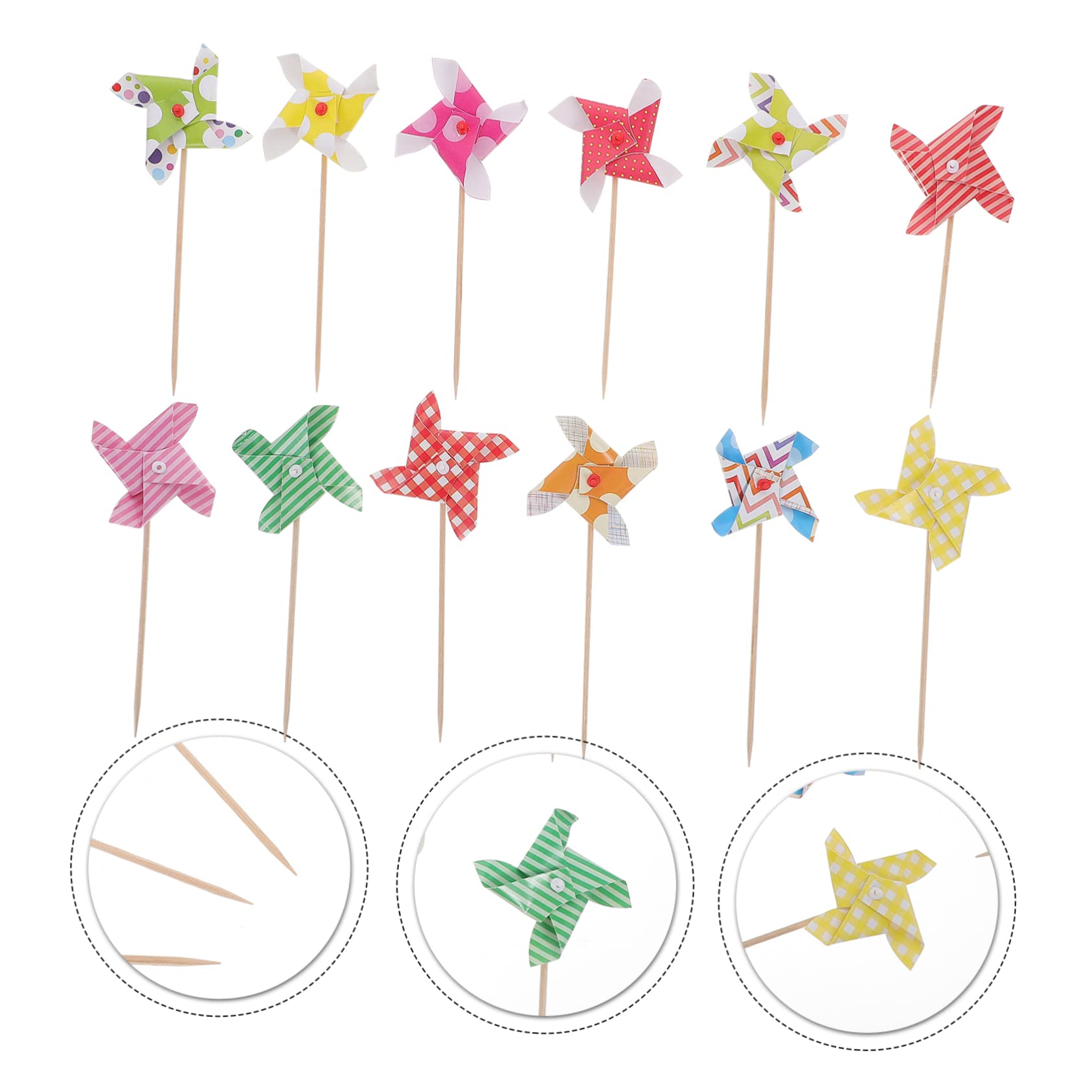 Cabilock 120 Pièces Décorations De Gâteaux Choix De Petit Gâteau Inserts De Moulin à Vent en Papier Gâteau De Mariage De Bébé Mini Rotatif Joyeux Anniversaire en Bois