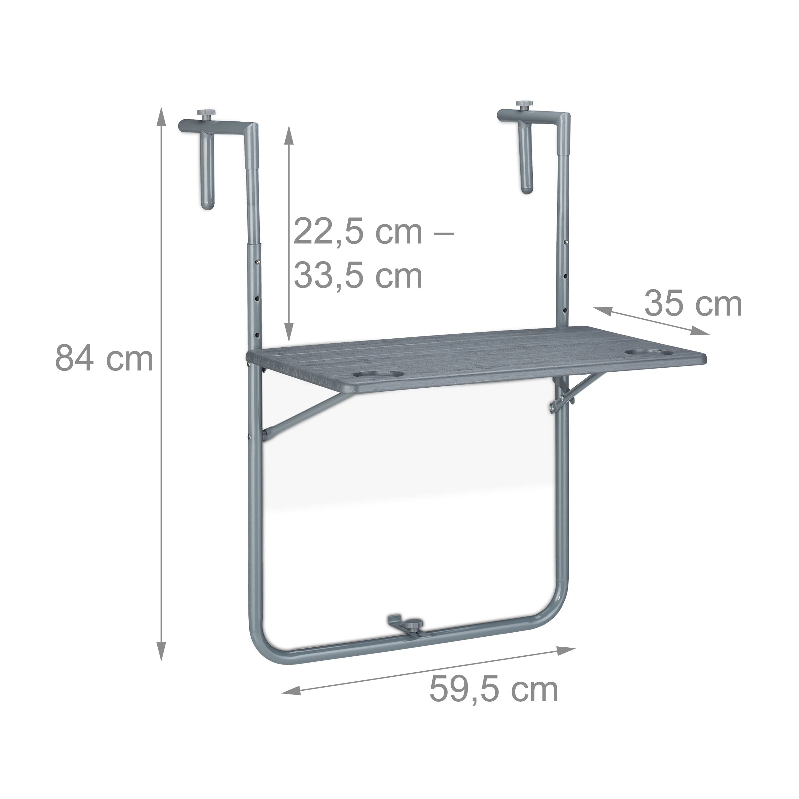 Relaxdays Tavolino da Balcone Pieghevole, 59,5 x 60 cm, Mini Tavolo Appeso, Regolabile in Altezza, Salvaspazio, Grigio