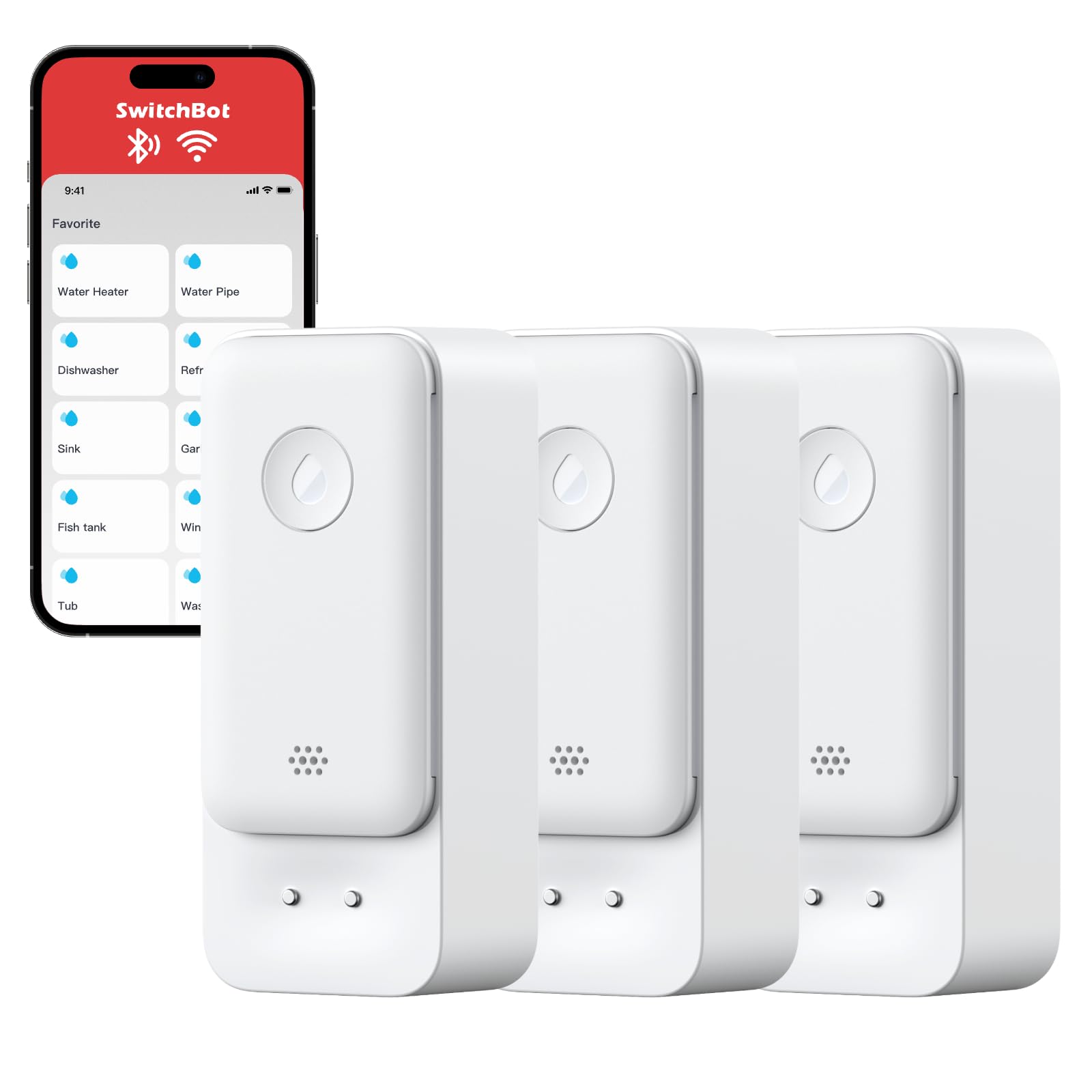 SwitchBot WLAN Wassermelder kein Hub erforderlich(nur 2.4G), Smart Wassersensor 3er Pack 100dB Einstellbarer Alarm&App-Benachrichtigung, IP67 wasserdicht, Wasserleck-Detektor für Küche, Bad, Keller