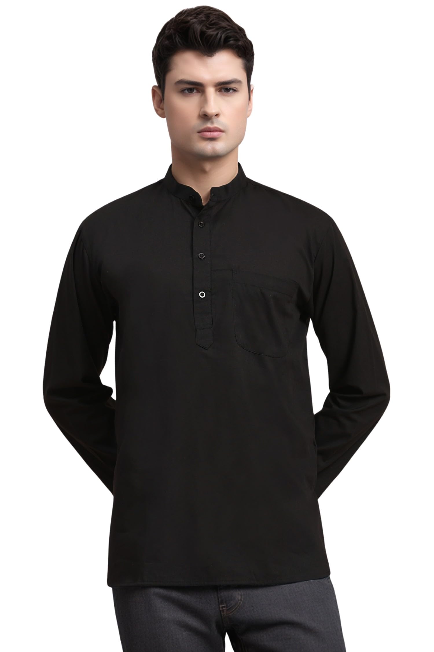 Men's Cotton Kurta Shirt with Mandarin Collar Classic Long Sleeve Ethnic Wear