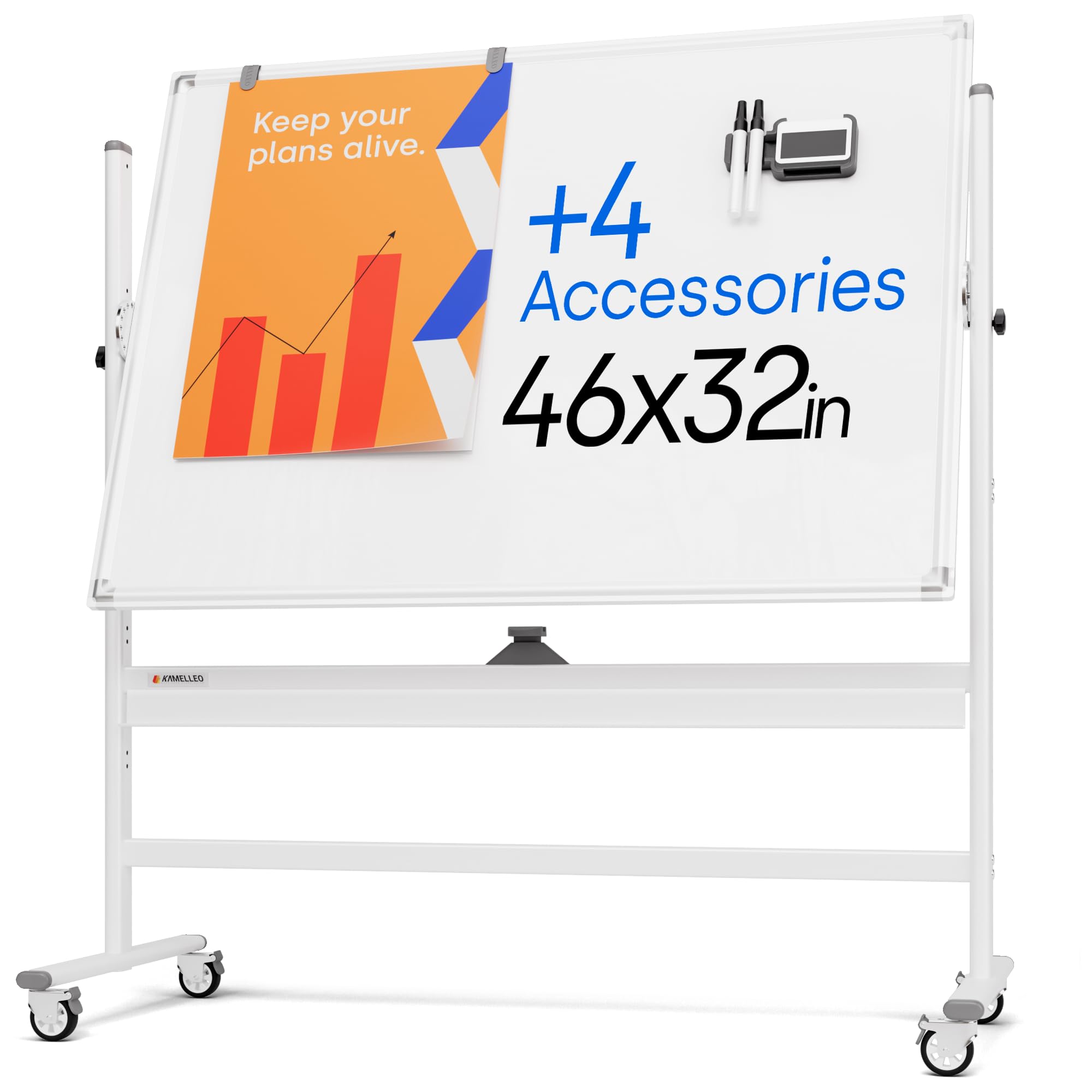 Kamelleo Rolling Whiteboard on Wheels 46" x 32", Double Sided White Board