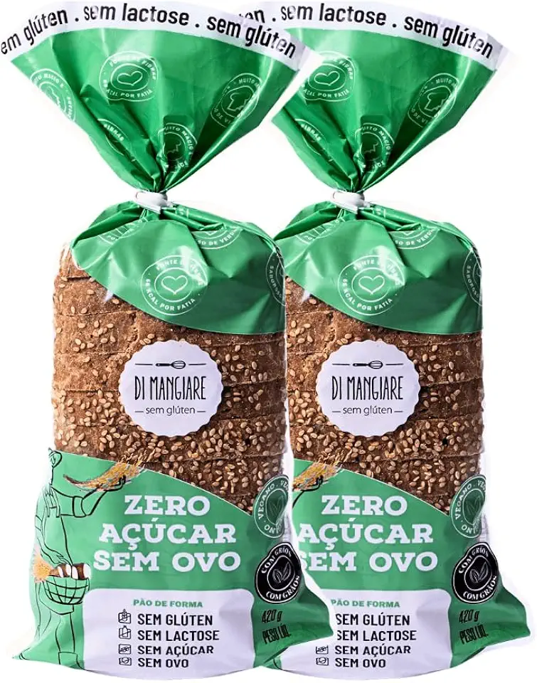 2 un. Pão Vegano com Grãos Zero Açúcar DI MANGIARE sem glúten sem leite e sem ovo