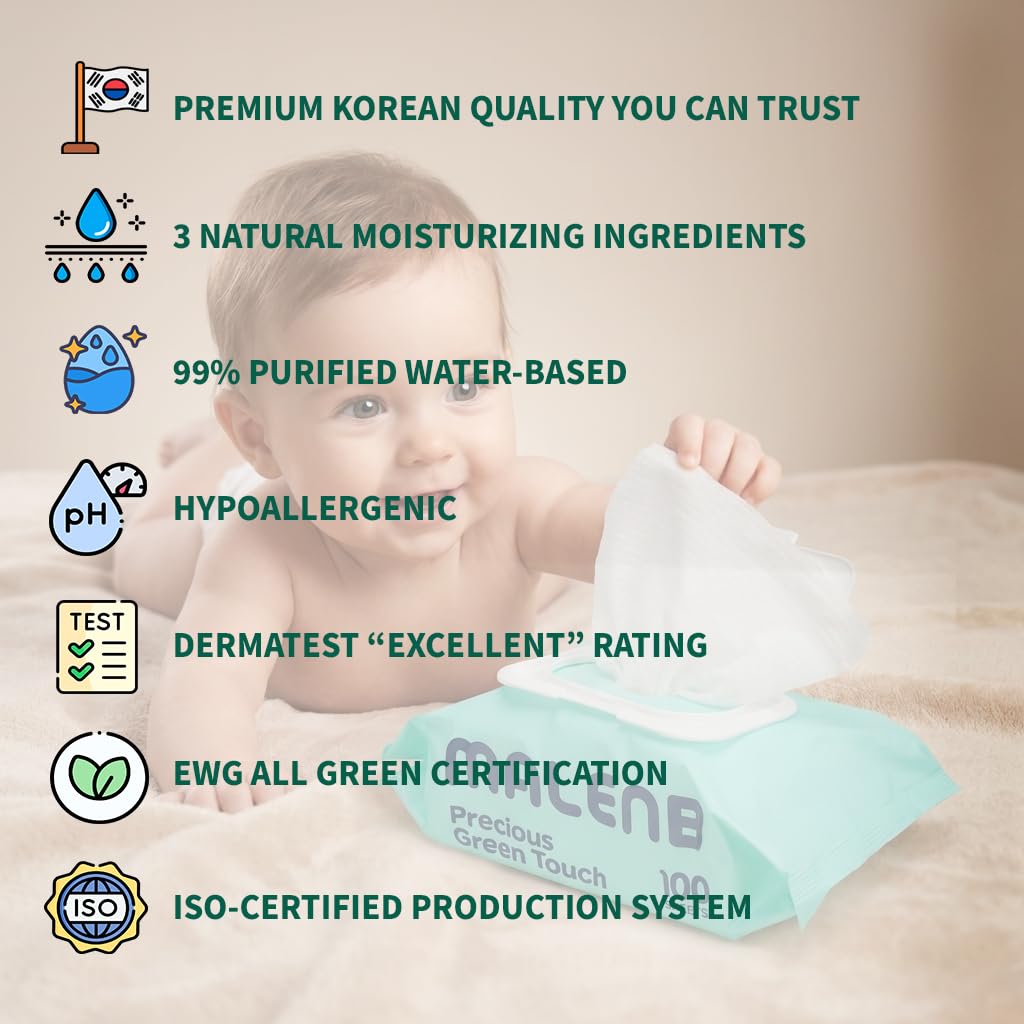 Sensitive Baby Wipes, Plenty of 10-Stage Purified Clear Water, Naturally Derived Ingredients, Unscented, Hypoallergenic, Korean Standard, 10 Flip-Top Packs (1000 Wipes Total) Green 55 gsm