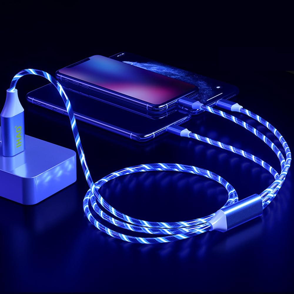 IHAO Cavo di ricarica multiporta, 3 combinazioni in un unico cavo da USB A a USB C/Micro USB PD, cavo di ricarica rapida illuminato a LED, compatibile con quasi tutti i tipi di dispositivi elettrici