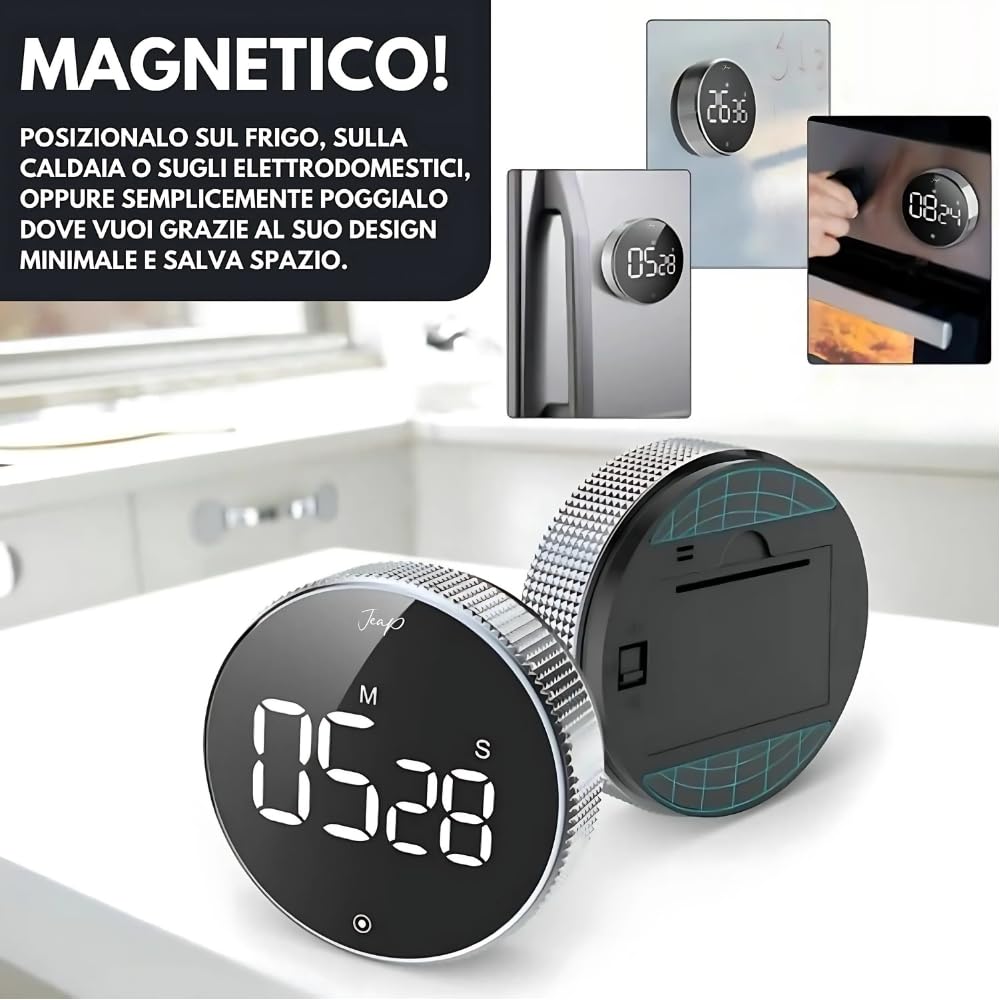 JEAP Timer da Cucina Magnetico | Timer Digitale LED con 3 Livelli di Volume | Ideale per Cucina, Studio, Compiti, Palestra, Yoga | Timer Facile da usare | Design Minimal, Colore Nero e Argento