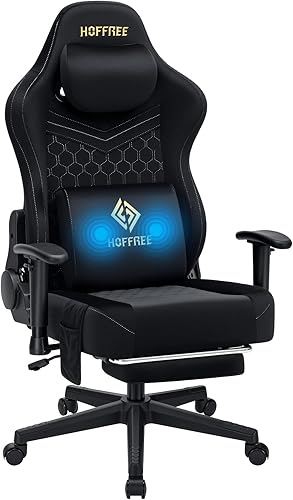 HOFFREE Silla de juegos de tela de gamuza con cojín de resorte de bolsillo, sillas de juegos de masaje con reposapiés, sillas de juego reclinables