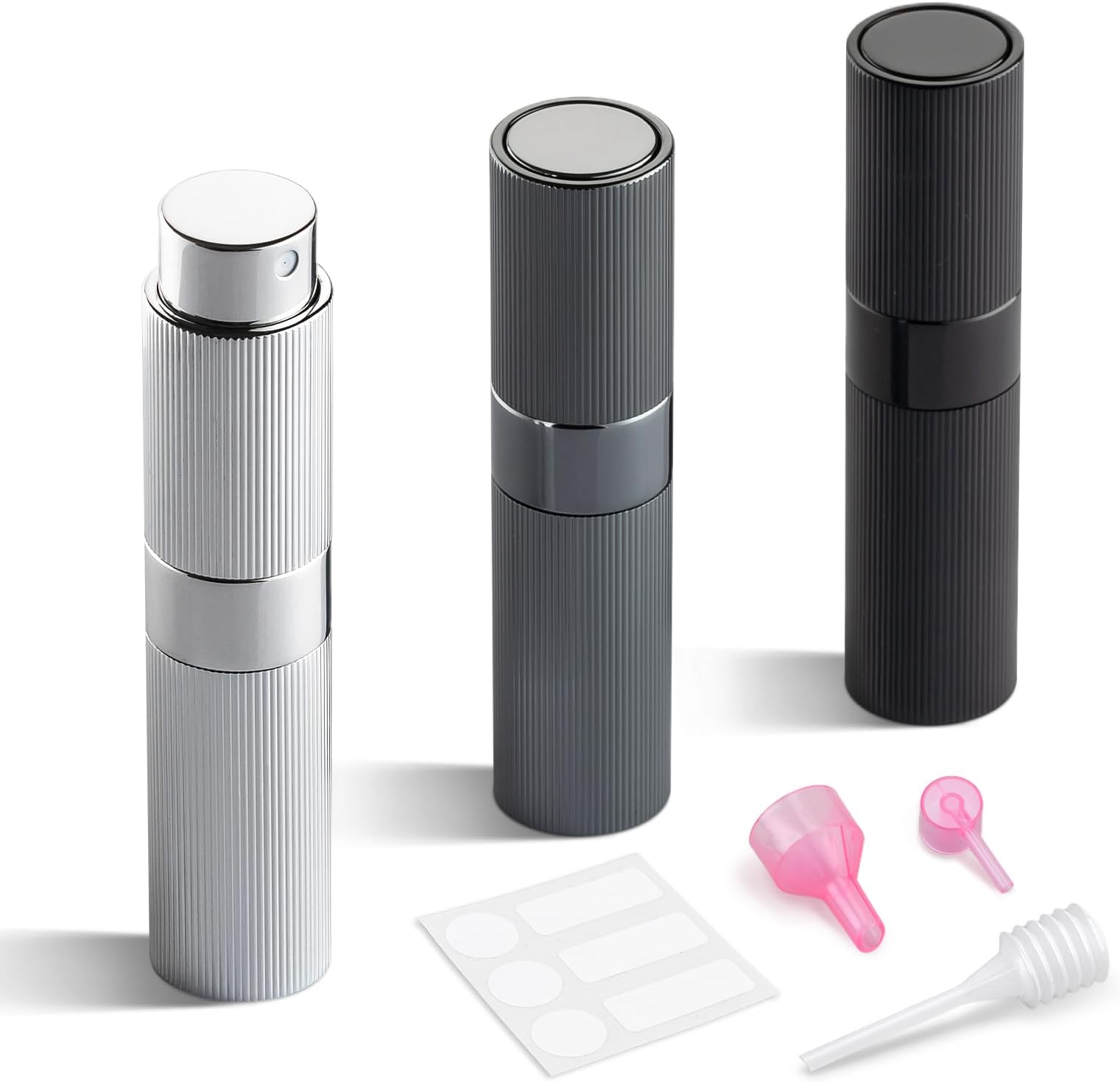 LISAPACK Perfume Travel Refillable Bottle - Atomizer Cologne Spray for Men Portable - Mini Sprayer Empty for Refill - Small Size 8ML Striped (Grey, Black, Silver)