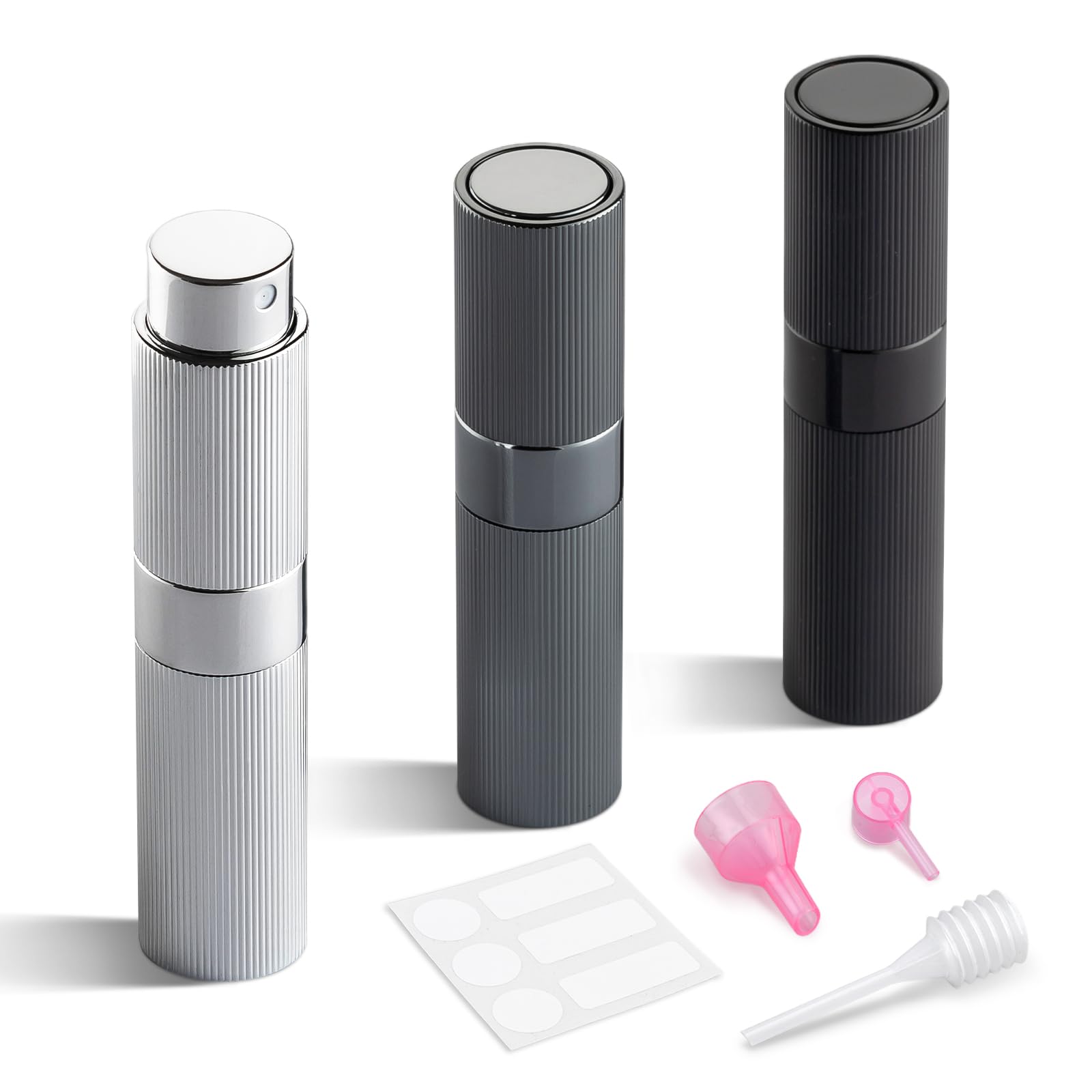 LISAPACK Perfume Travel Refillable Bottle - Atomizer Cologne Spray for Men Portable - Mini Sprayer Empty for Refill - Small Size 8ML Striped (Grey, Black, Silver)