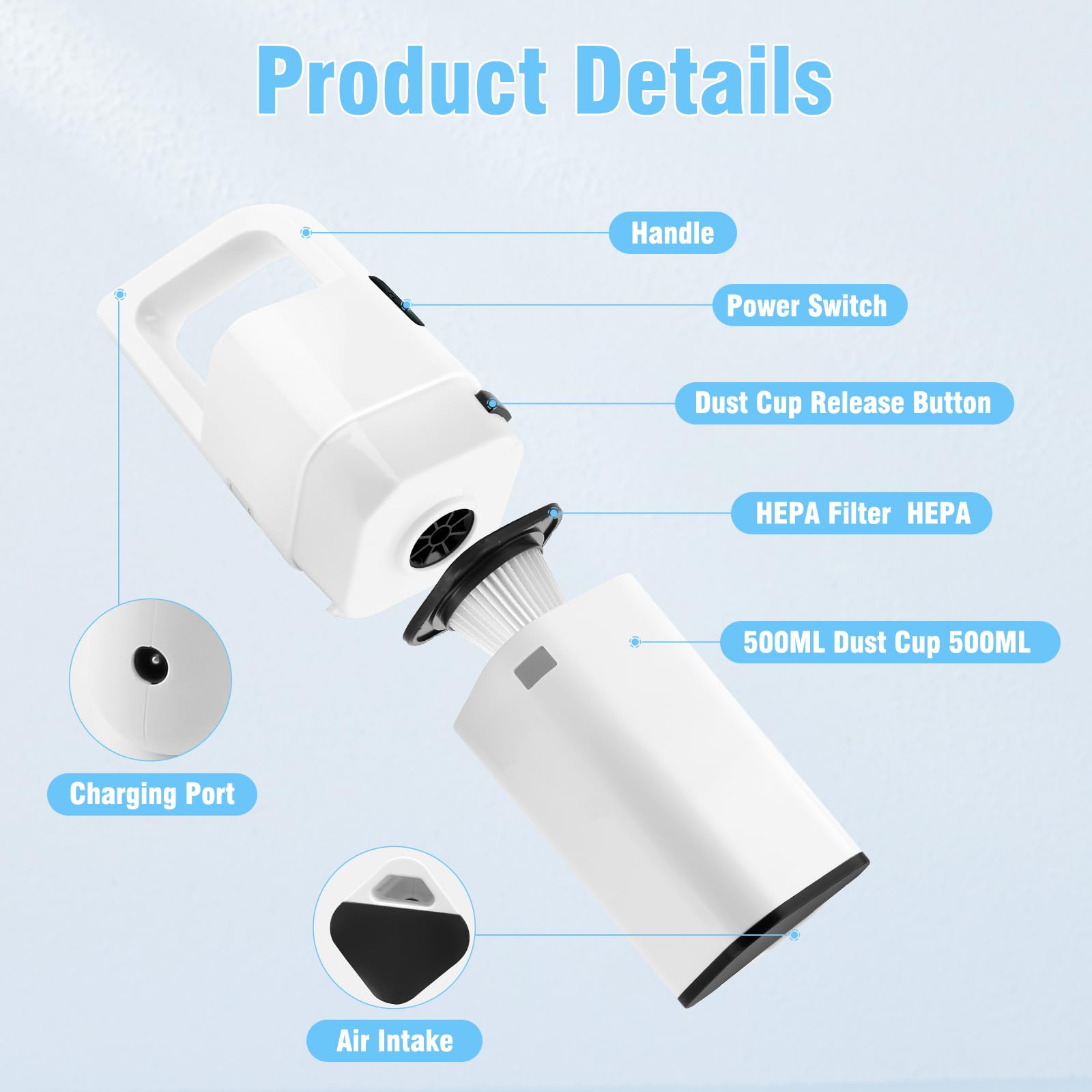 Handstaubsauger Akku, 20000Pa Auto Kabellos | Staubsauger Testsieger mit Waschbar HEPA-Filter Mini Kleiner Wiederaufladbarer Handstaubsauger für Tierhaare, Büro, Haus