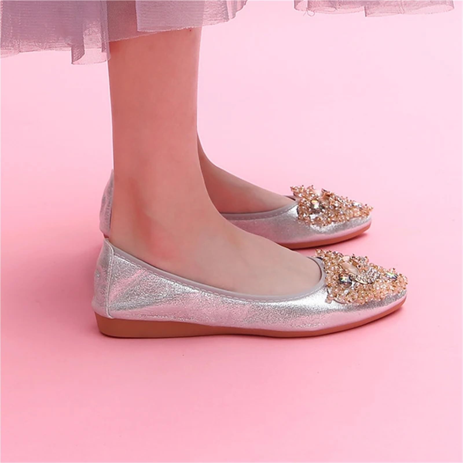 Zapatos Planos de Ballet Plegables Talla Grande, Suela Blanda Cristal Brillante, Parte Inferior Oxford Antideslizante for Mujer | Black,5