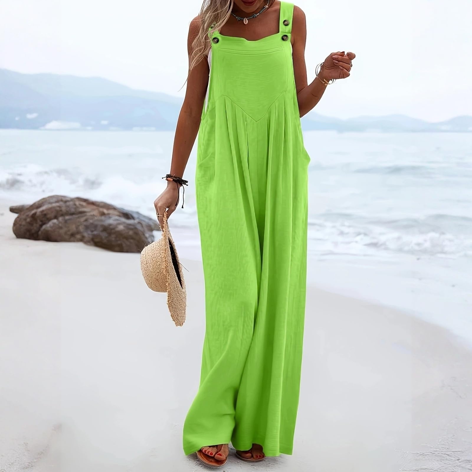 Generisch Latzhose Damen Sommer Baumwolle Jumpsuit Damen Elegant Weites Bein Overall Lang Mit Taschen Jumpsuits Ärmellos Overalls Mit Knöpfe Latzhosen Frauen Strand Playsuit Kuschelig Romper Casual