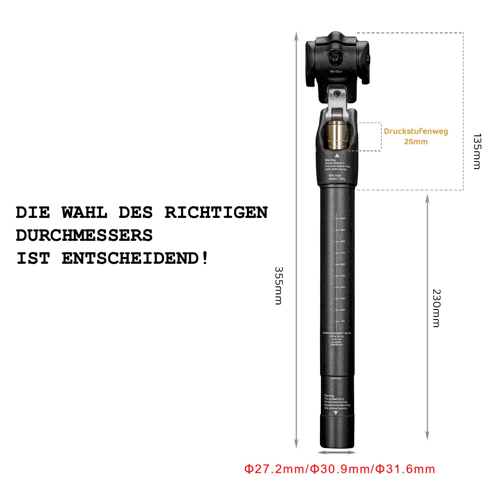 Tija de Sillín con Suspensión SP442, 27.2/30.9/31.6 mm, Amortiguación Ajustable de 45 mm, Reduce Vibraciones hasta un 60 %, para Bicicletas de Carretera, Gravel, MTB y E-Bikes, Soporta hasta 110 kg