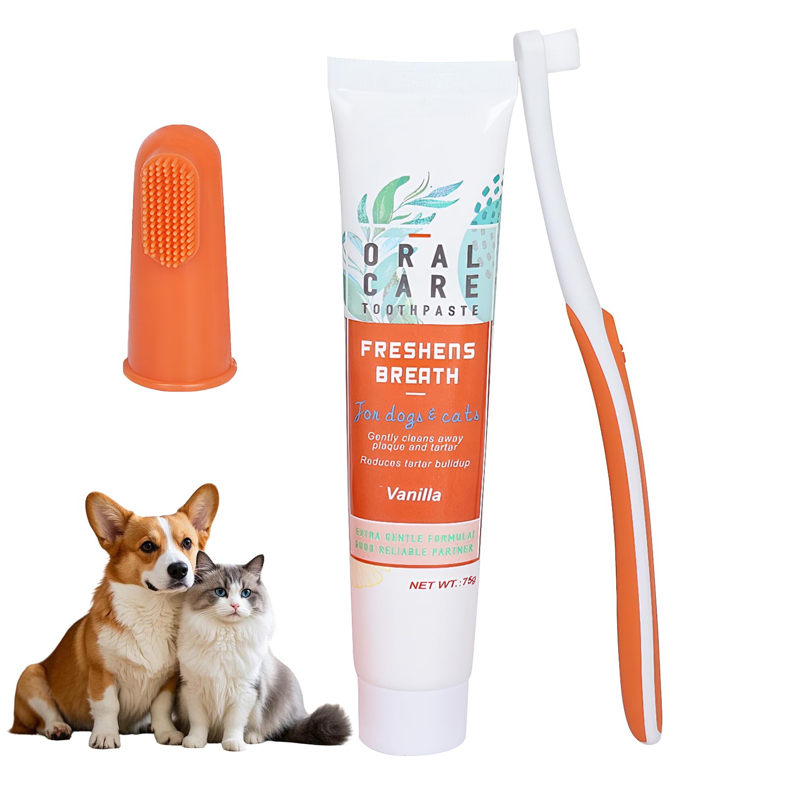 Dog Toothbrush and Toothpaste Care Kit with Vanilla Flavor Toothpaste & Finger Brush & Soft Bristle Toothbrush Teeth Cleaning and Breath Freshener