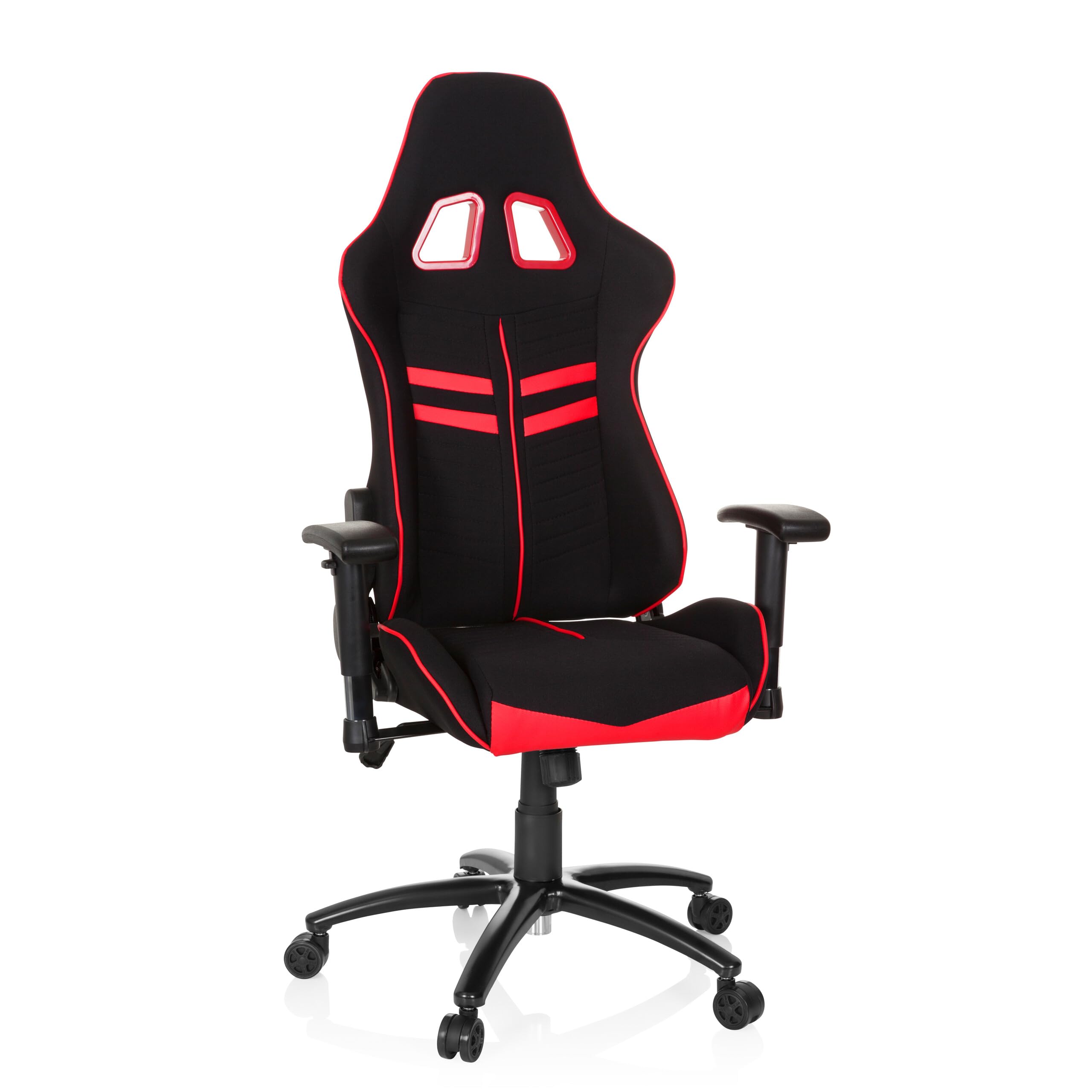 hjh OFFICE 729260 Silla giratoria Gaming League Pro I Tela Negro/Rojo, Reposacabeza y Cojín Lumbar, Respaldo Ajustable hasta un ángulo de 180°