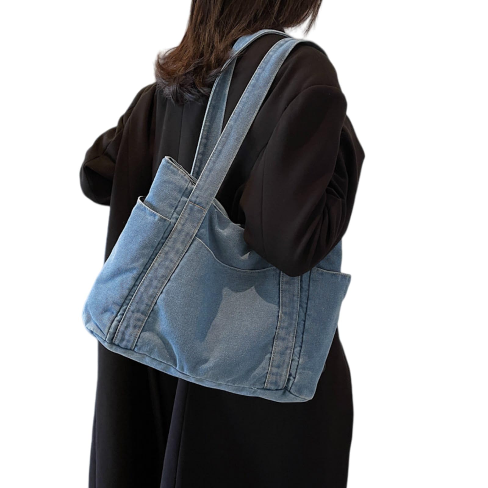 Beauty Case Borsa da Jeans Donna Casual, Tote Crossbody in Denim Leggero con Grande Stoccaggio per Uso Quotidiano-Blue