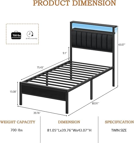 Miniatura 2 de Furnulem - Base de cama tamaño individual con estación de carga y luces LED, plataforma con listones de metal, cabecera tapizada gris con estantes