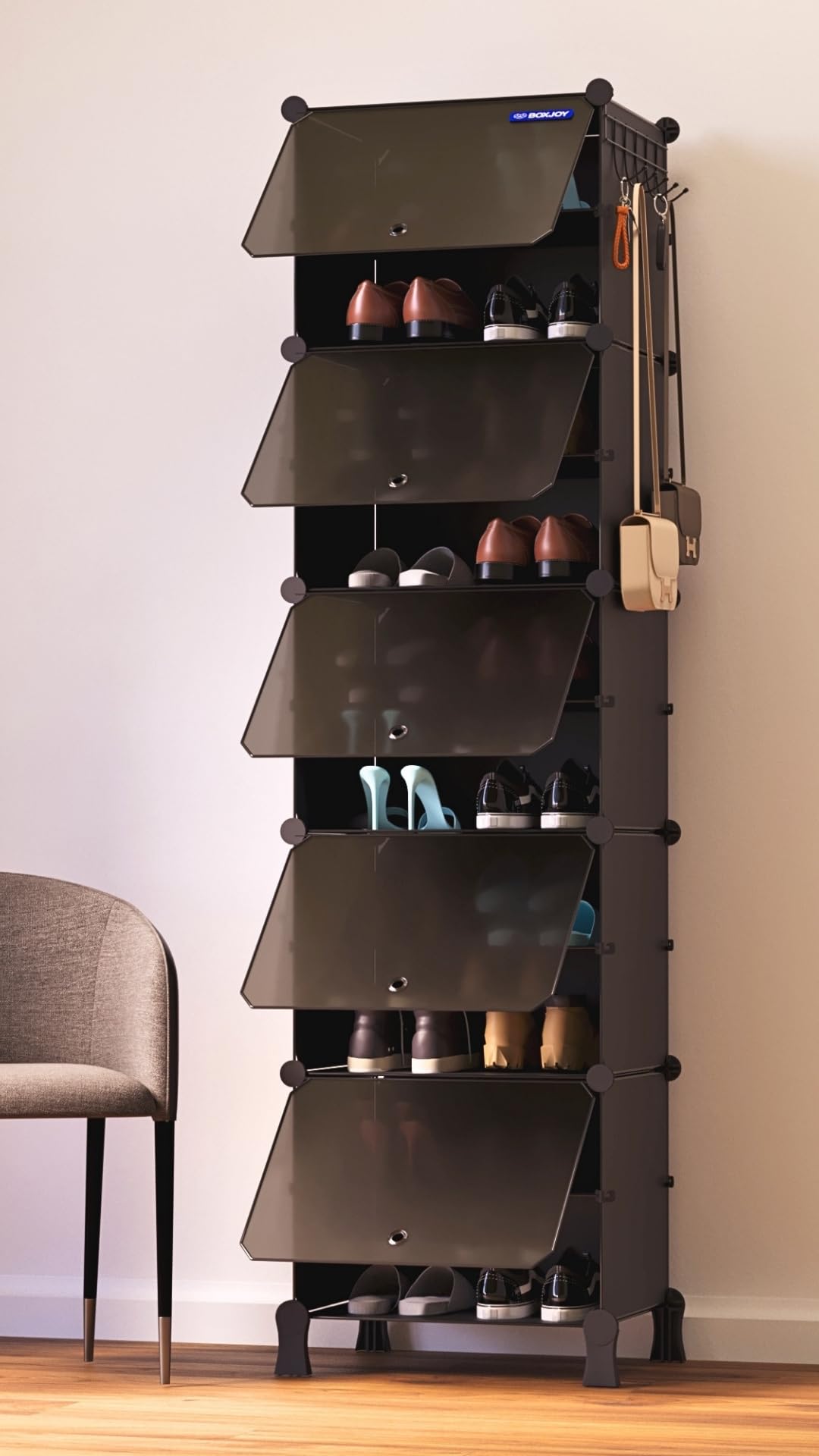 BOXJOY 10 Shelf Shoe Rack Box Organizer with 5 Doors, 5 Hook Steel Holder for Home Storage, PP Plastic Cabinets with Metal Frame, Chappal Slipper Stand (Black Rack, Black Door)-image-16