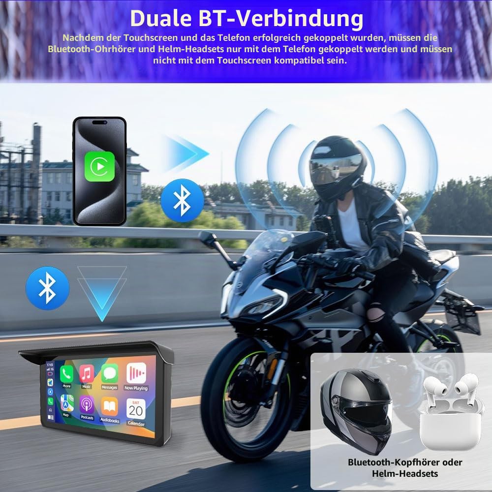 VSYSTO CP5 Motorrad Carplay Bildschirm, Kabelloses CarPlay und Android Auto, 5 Zoll Wasserdichtem Touchscreen für Motorrad mit Dual-Bluetooth, GPS Navigation, Sprachassistent, Dual USB Anschluss