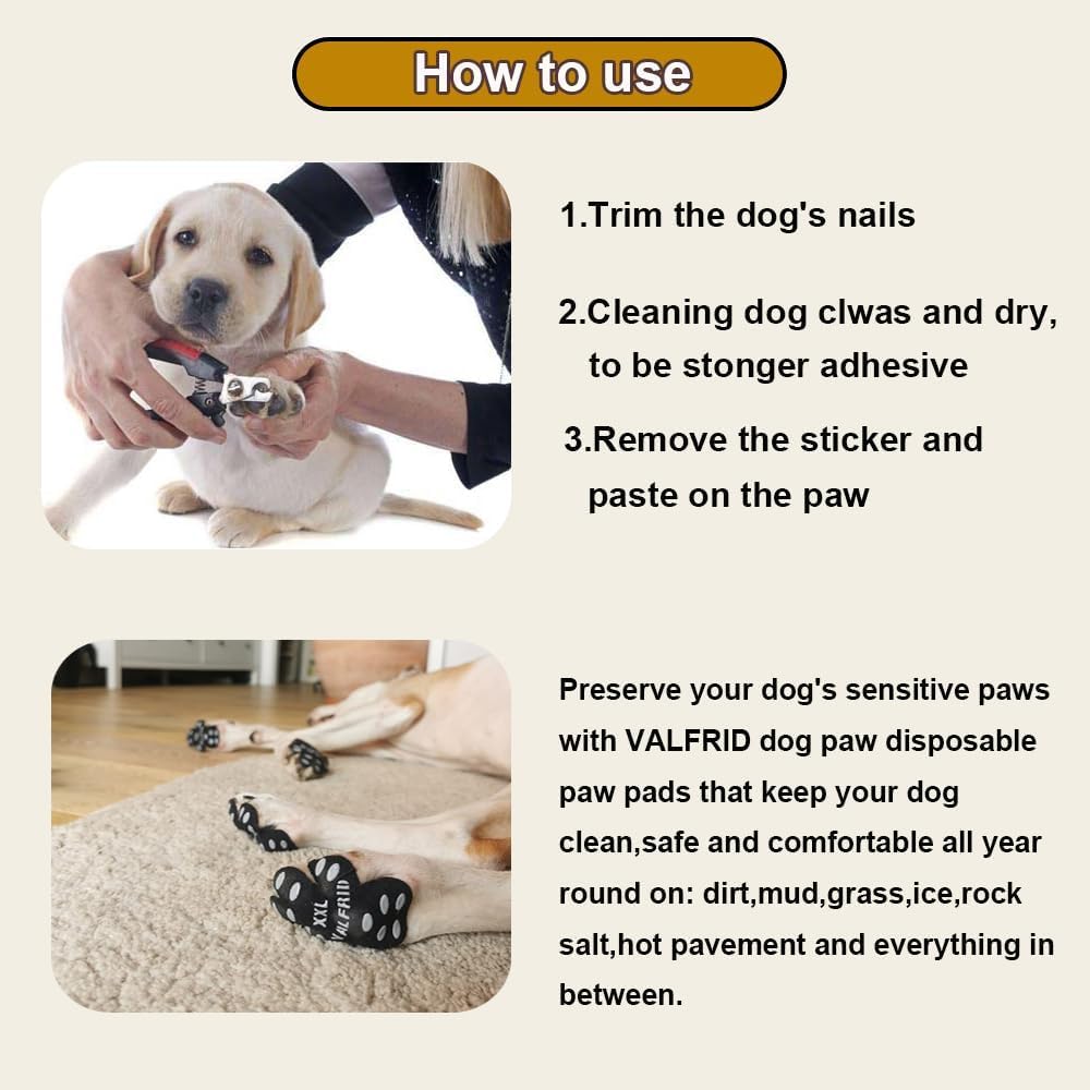 VALFRID Protezione Antiscivolo per Zampe di Cane, Grip Sicuro su Pavimenti Scivolosi Legno, Autoadesivo Resistente Cane Calze Scarpe per Cani Sostituzione Nero 60 pz XL