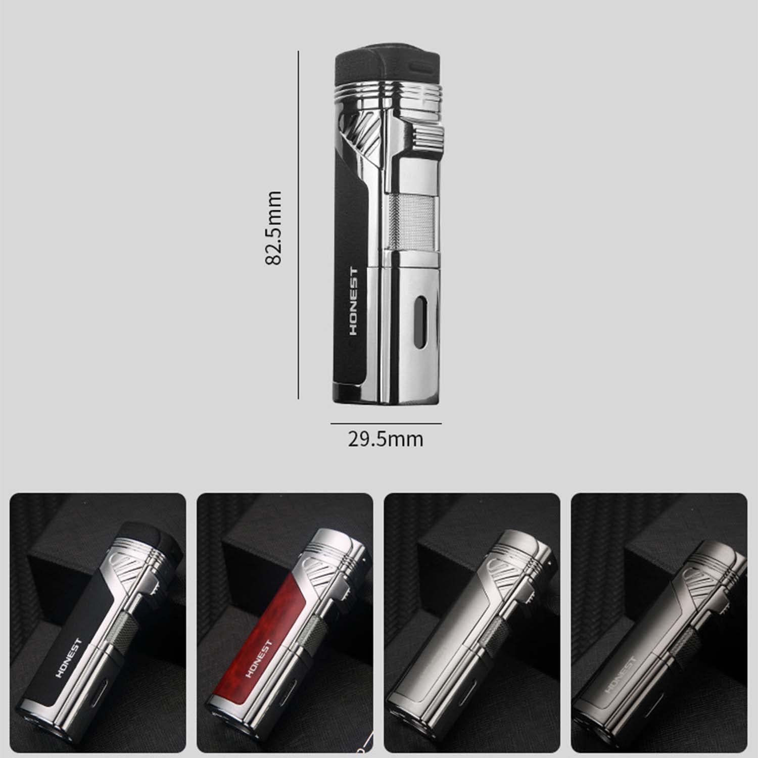 Briquet de Poche Puissant Briquet Au Butane Rechargeable Créatif à 4 Jets avec Fenêtre Visible Poinçon de Cigare pour Bougie Cheminée Camping Feux d'artifice Barbecue