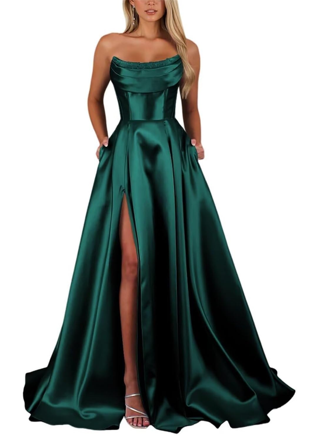 Strapless Prom Dresses for for Women with Slit Corset Ball Gown Floor Length Solid Formal Dress Evening Gowns UK24