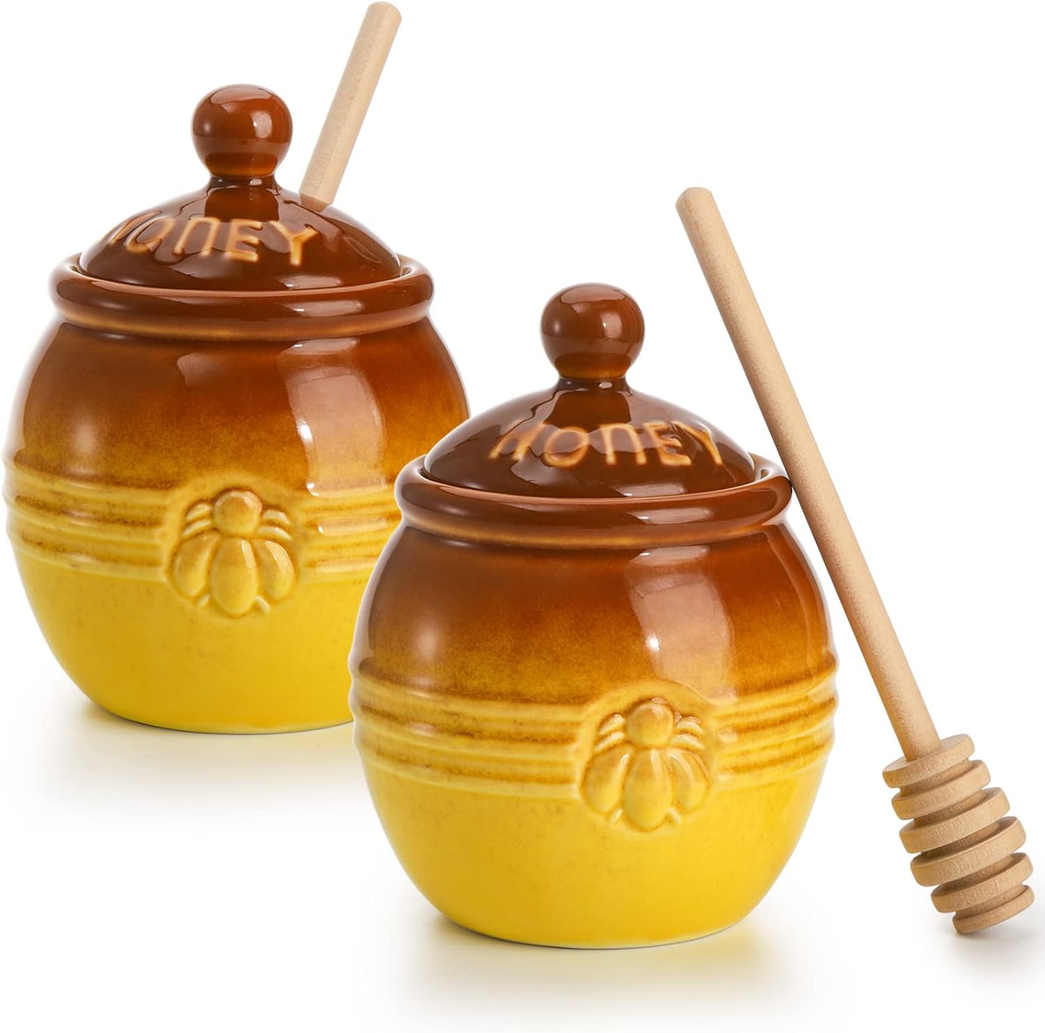 Hiceeden Set of 2 Ceramic Honey Pot with Wood Dipper and