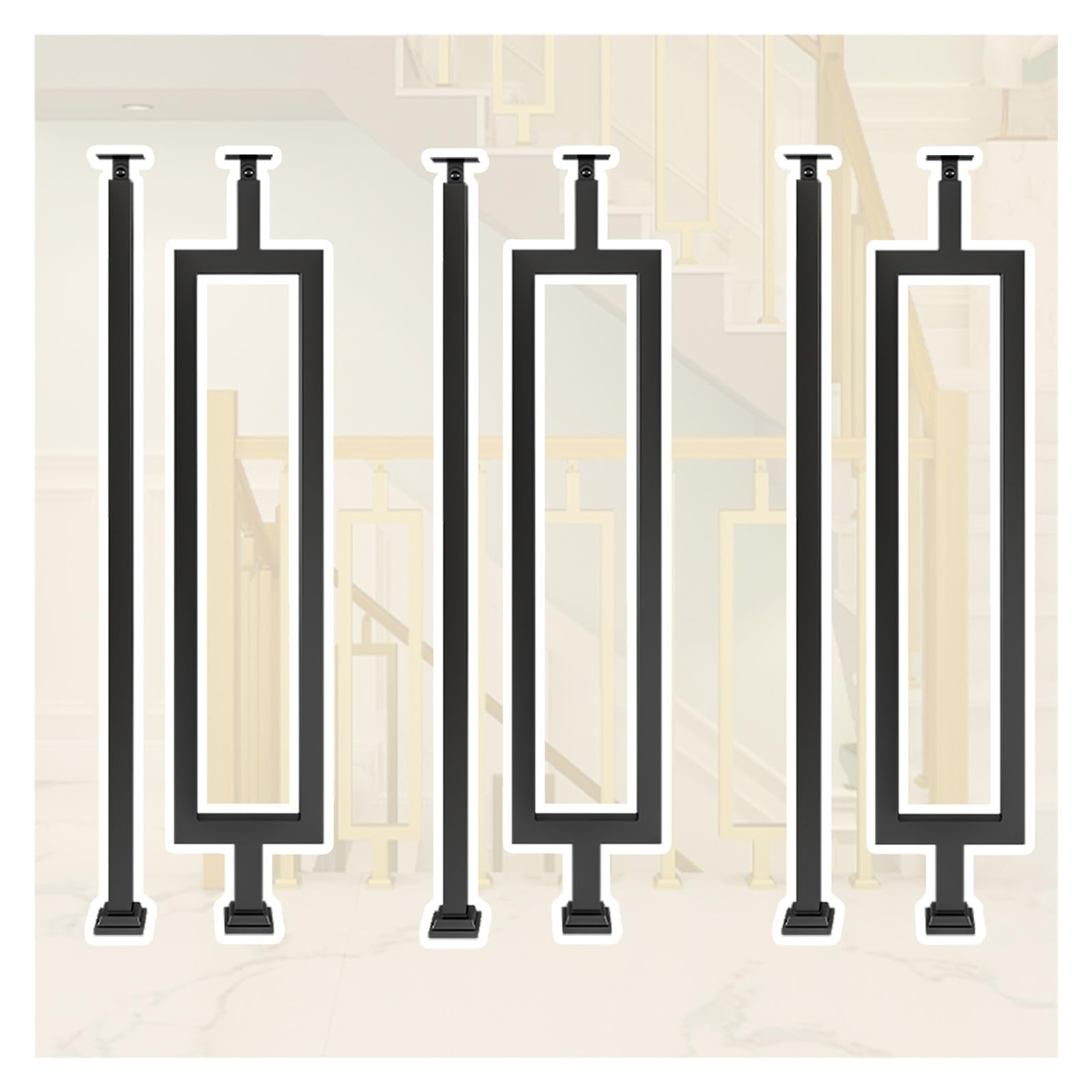 GLDYTVF 3 Sets Stairs Handrail Railing，Stairs Metal Balusters Floor Mount/Rectangle Handrail Guardrail Railing, for Interior Exterior Balusters Spindle Post(Black,95cm(37.4in) Tall)