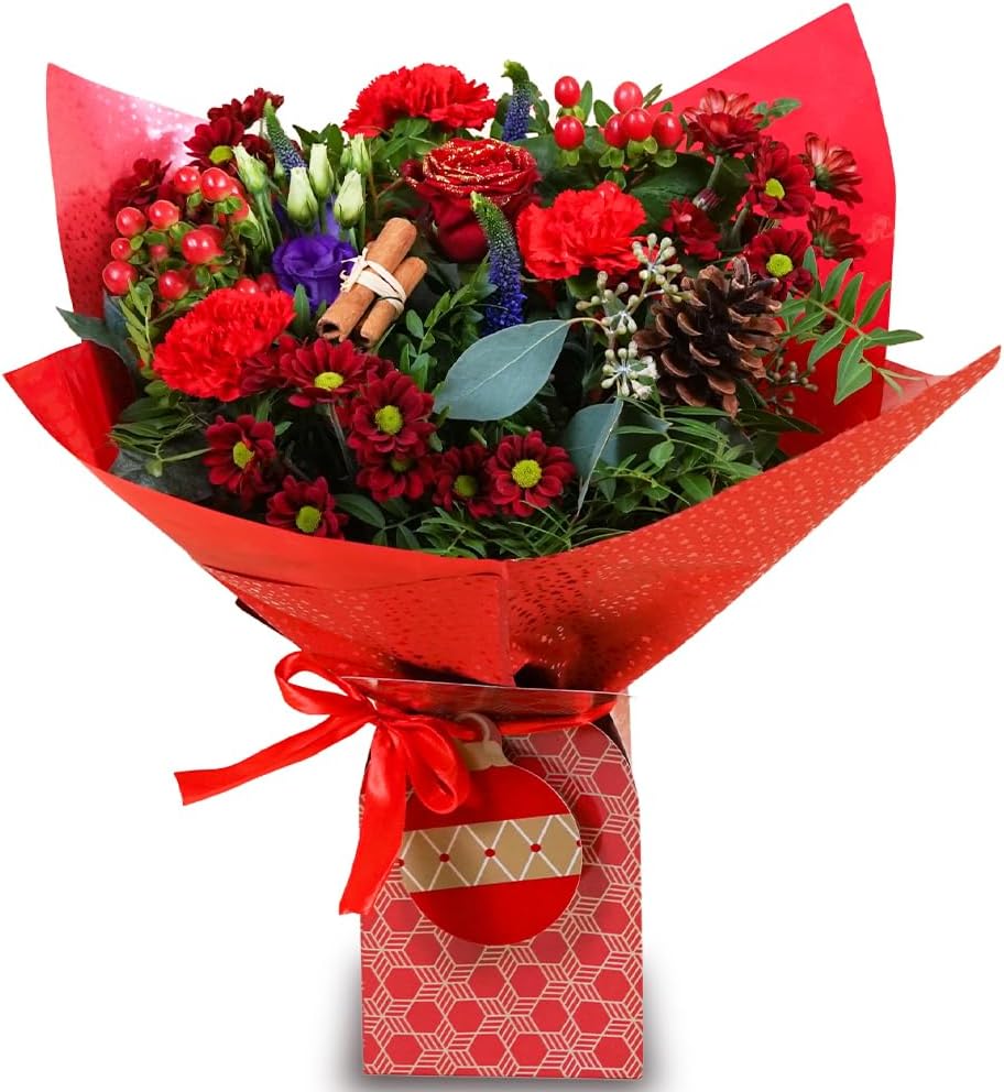 Christmas Flower Bouquet, Red & Purple Fresh Flowers, Perfect for Birthdays, Anniversaries & Christmas Gifts
