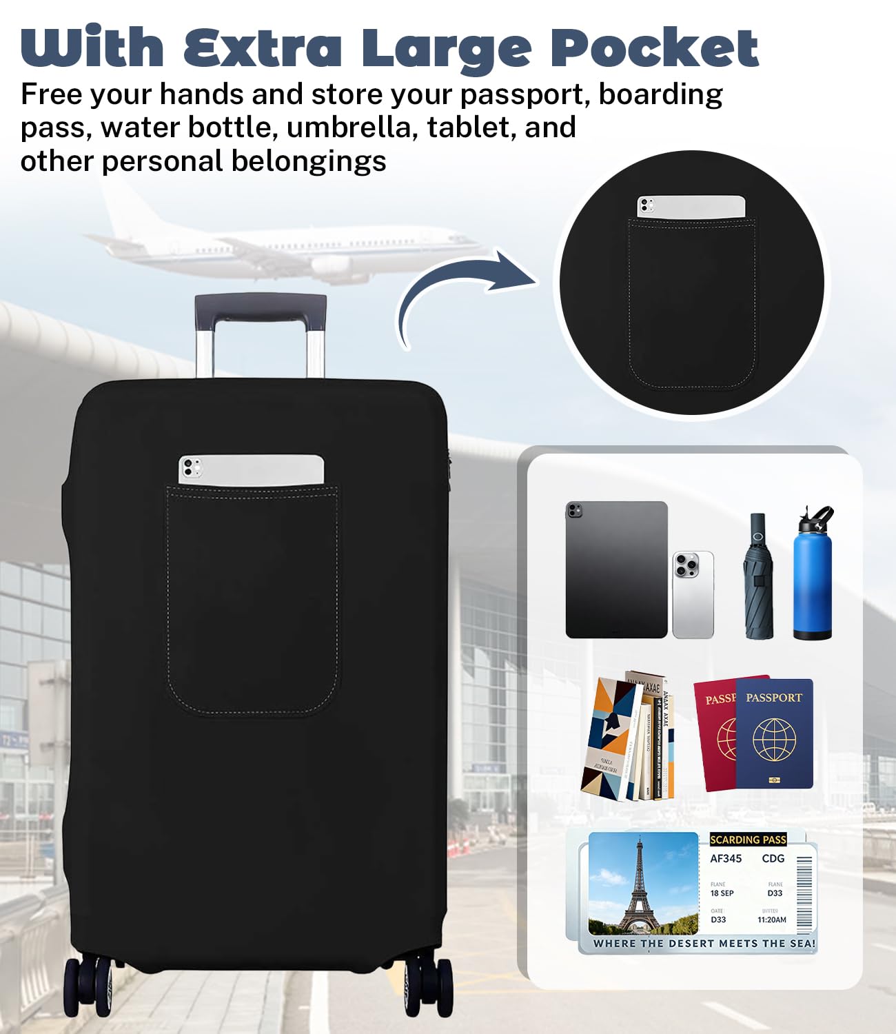 Morbuy Funda para Maletas Elástica, Negro Funda Maleta Cabina Protector Grande, para Cabina de 29-32 Pulgadas, Suitcae Cover con Bolsillo, Lavable, Antirrayaduras
