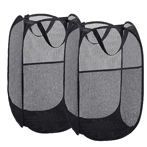 Foldable Mesh Popup Laundry Hamper,Laundry Basket Easy to Open and Fold for Dorm,Travel, College Dorms, and More (2 black)