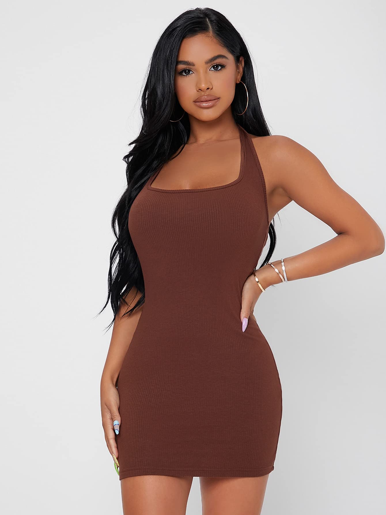Amazon.com: Neeno Women's Dresses Solid Halter Neck Backless Bodycon Dress  Dress for Women (Color : Chocolate Brown, Size : Medium) : Clothing, Shoes  & Jewelry