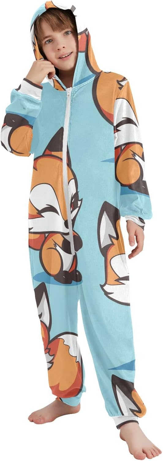 Cartoon FoxUnisex Onesie PajamasZip Up Hooded One-Piecing Costume Sleepwearfor Parties Sleepovers