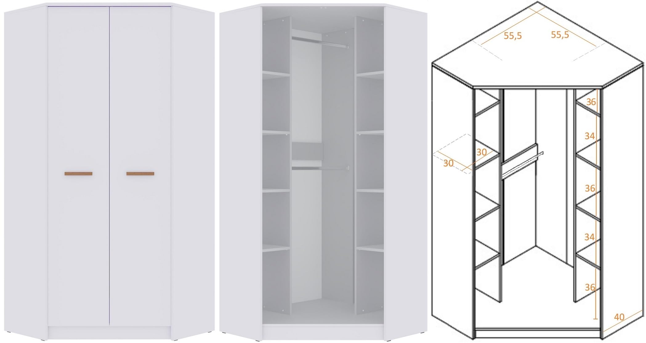 Marmex Grant G8 - Eckschrank 91x195x91 cm, Bücherregal - Eckgarderobe mit Kleiderstangen und Einlegeböden für das Jugendzimmer, Schlafzimmer - Eckkleiderschrank - weiß + Riviera Eiche (Modern)