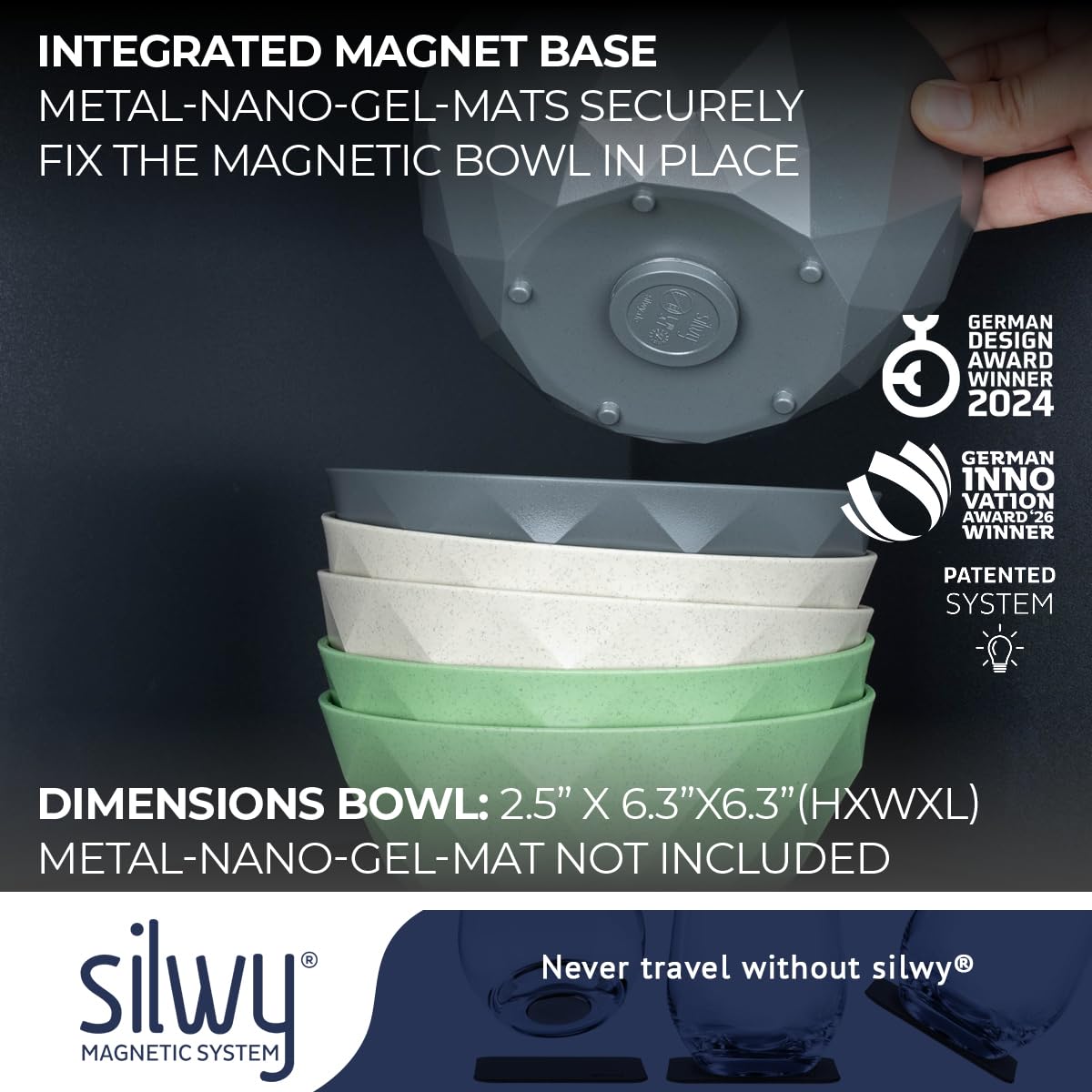 silwy® Super-Magnet-Bowl GREY (2er-Set) HIGH-TECH-Kunststoff - perfekt für Camping, Caravaning und Boating - rutschfestes Geschirr ohne jegliches Klappern stapelbar