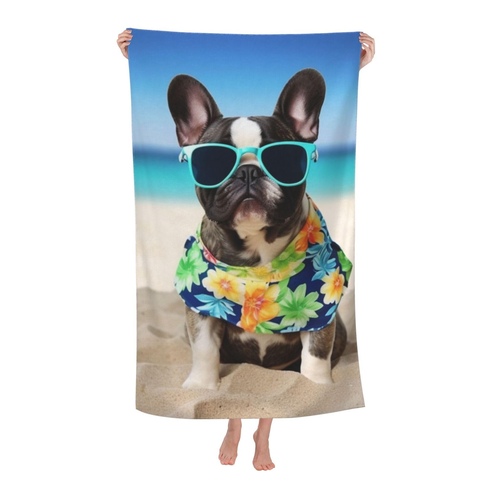 FodPand French Bulldog Summer Beach Towel Oversized 52 x 32 in Sand Free Pool Swim Towels for Adult Travel Blanket Lightweight Quick Dry Absorbent Bath Towels Cruise Vacation Accessories